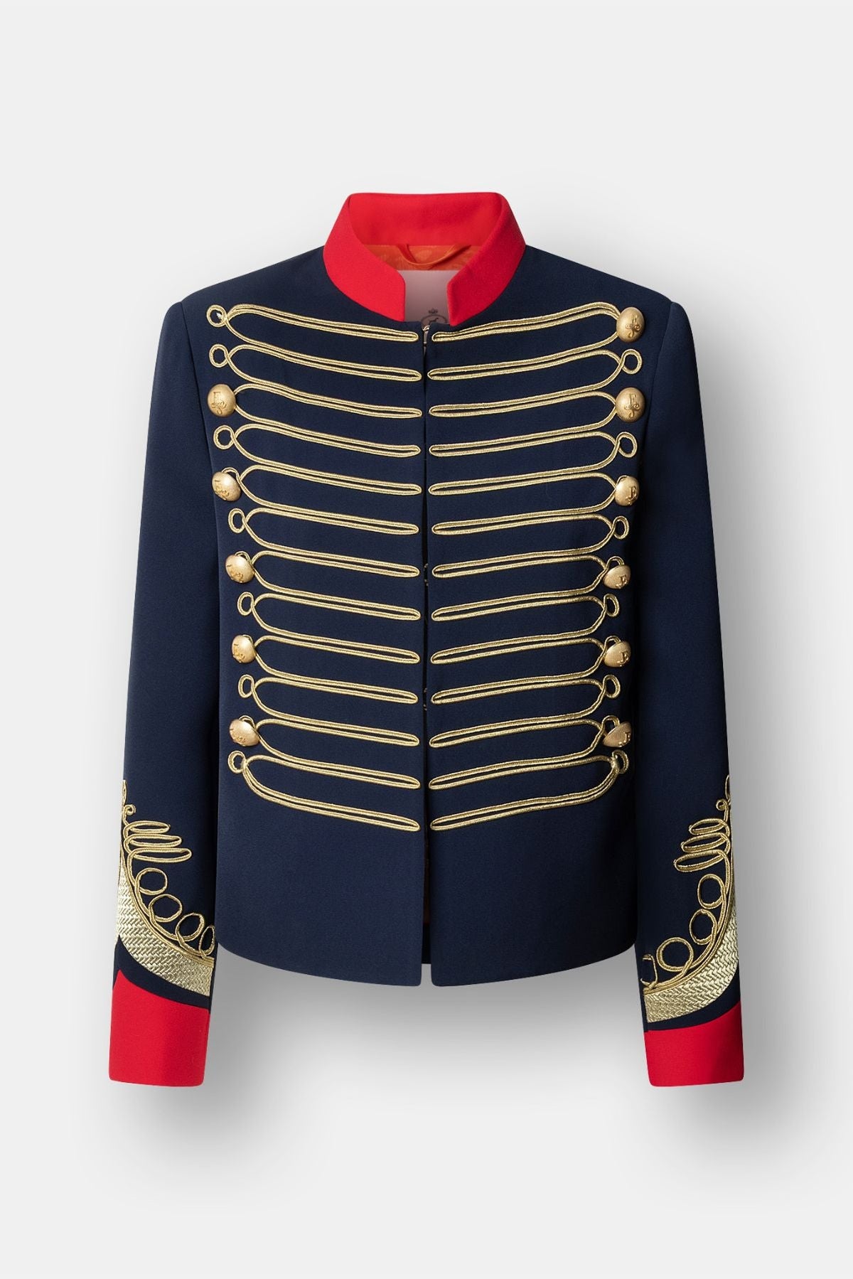 Blazer azul marino con soutache Lancelot de The Extreme Collection con detalles de soutache dorado y puños rojos.
