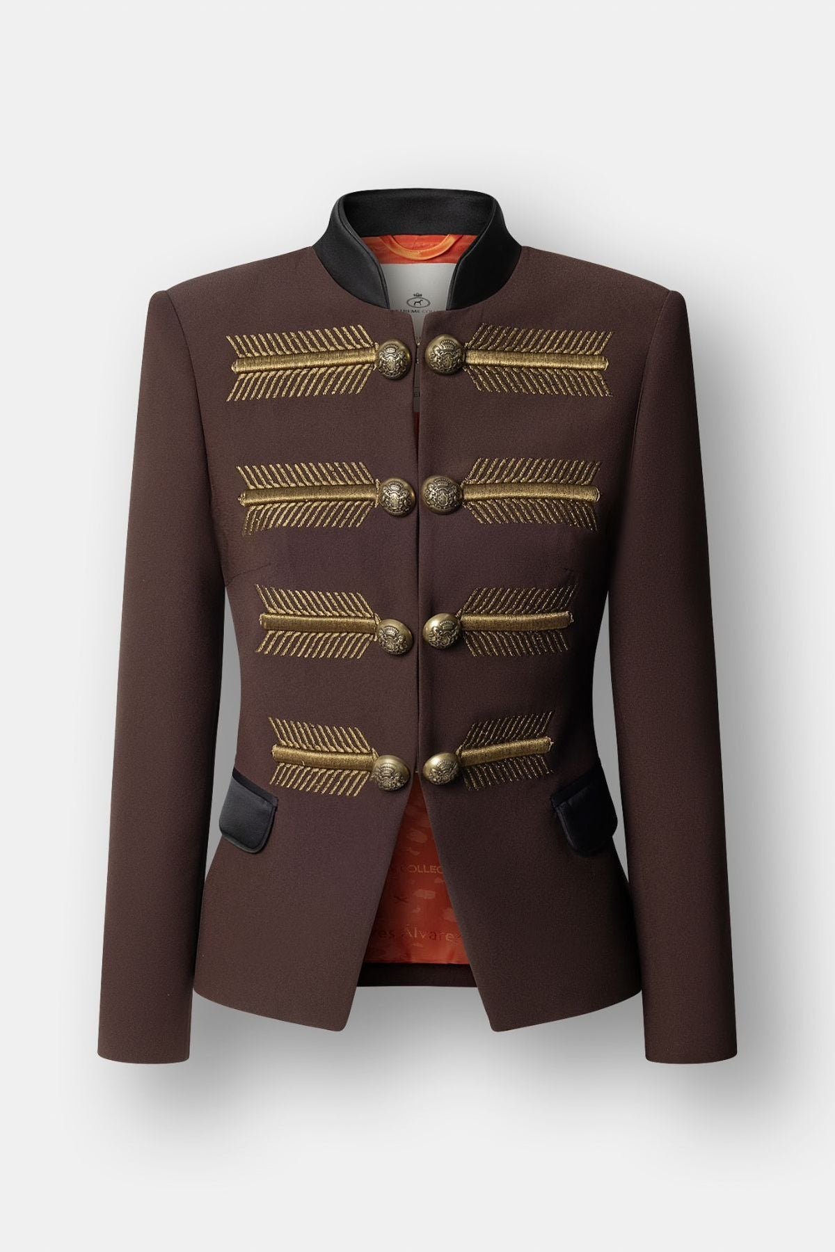 Blazer marrón con bordados dorados James Jacket de The Extreme Collection con diseño frontal bordado en hilo dorado y botones metálicos.
