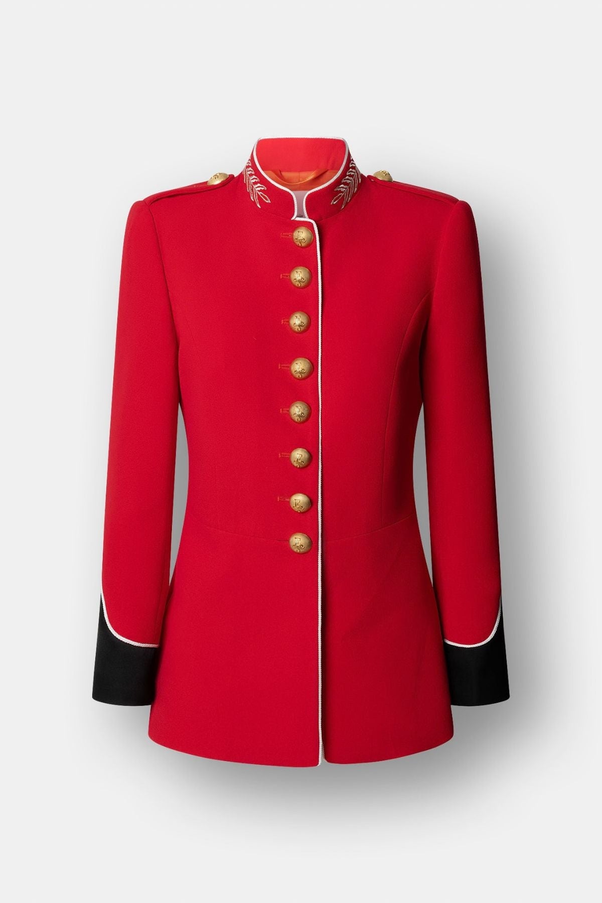 Blazer roja de estilo militar Dominique de The Extreme Collection con detalles en contraste y botones dorados.