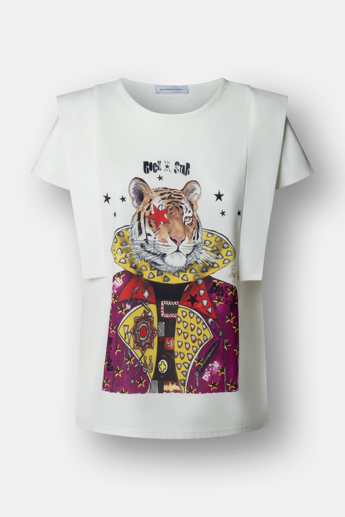Camiseta blanca con estampado de tigre Rock Star y estrellas de The Extreme Collection.