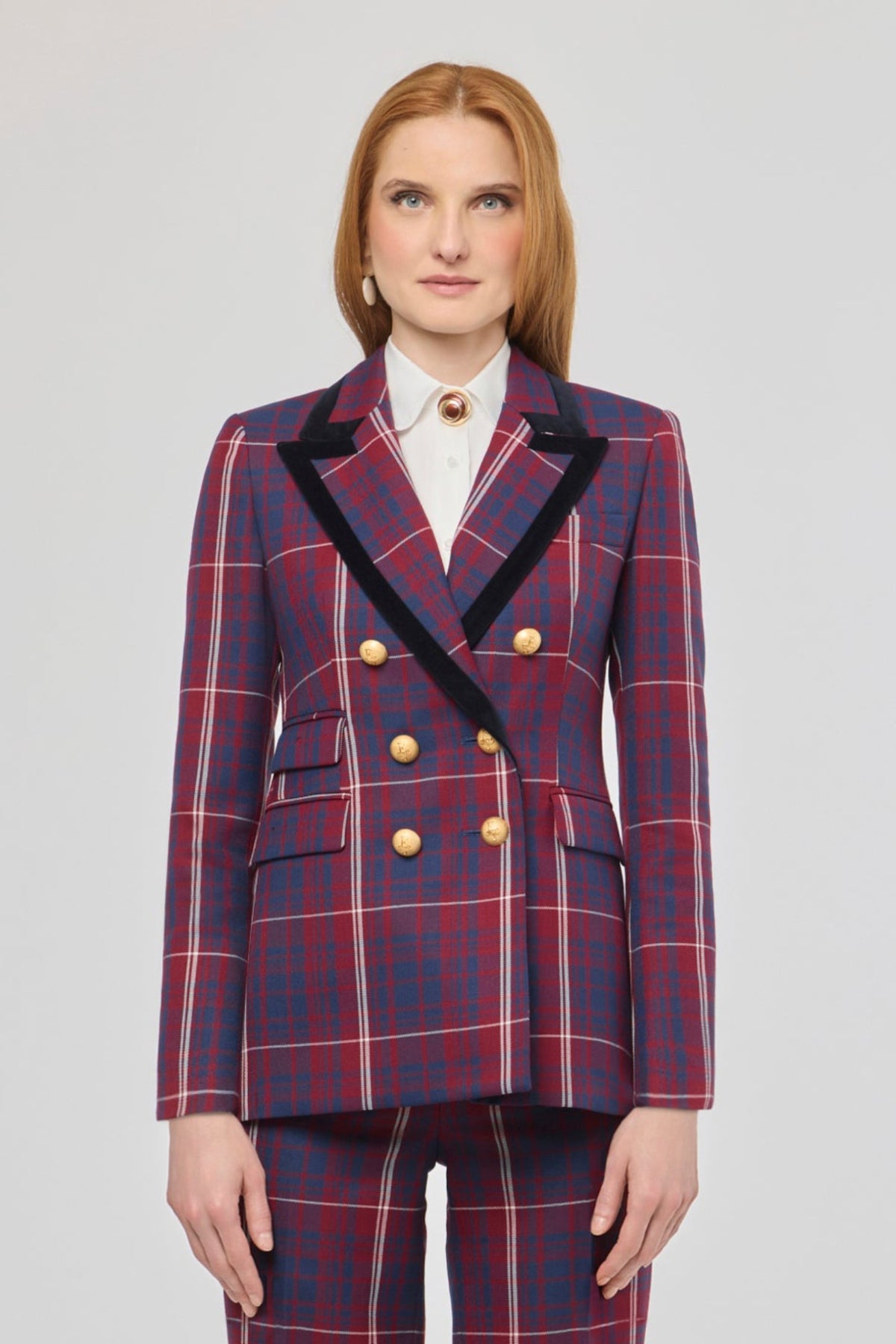 Blazer cruzada de cuadros Anderson de The Extreme Collection con estampado de cuadros y solapa de terciopelo.