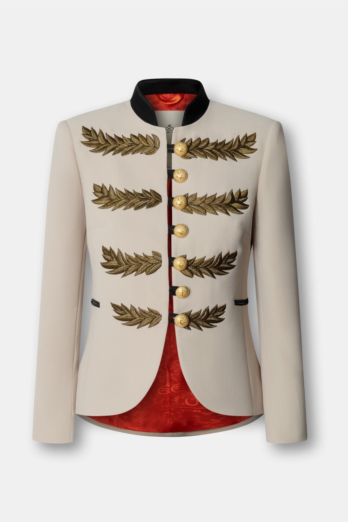 Blazer bordada beige Renata Love Gold de The Extreme Collection con detalles en hilo dorado y con cuello y bolsillos en satén negro