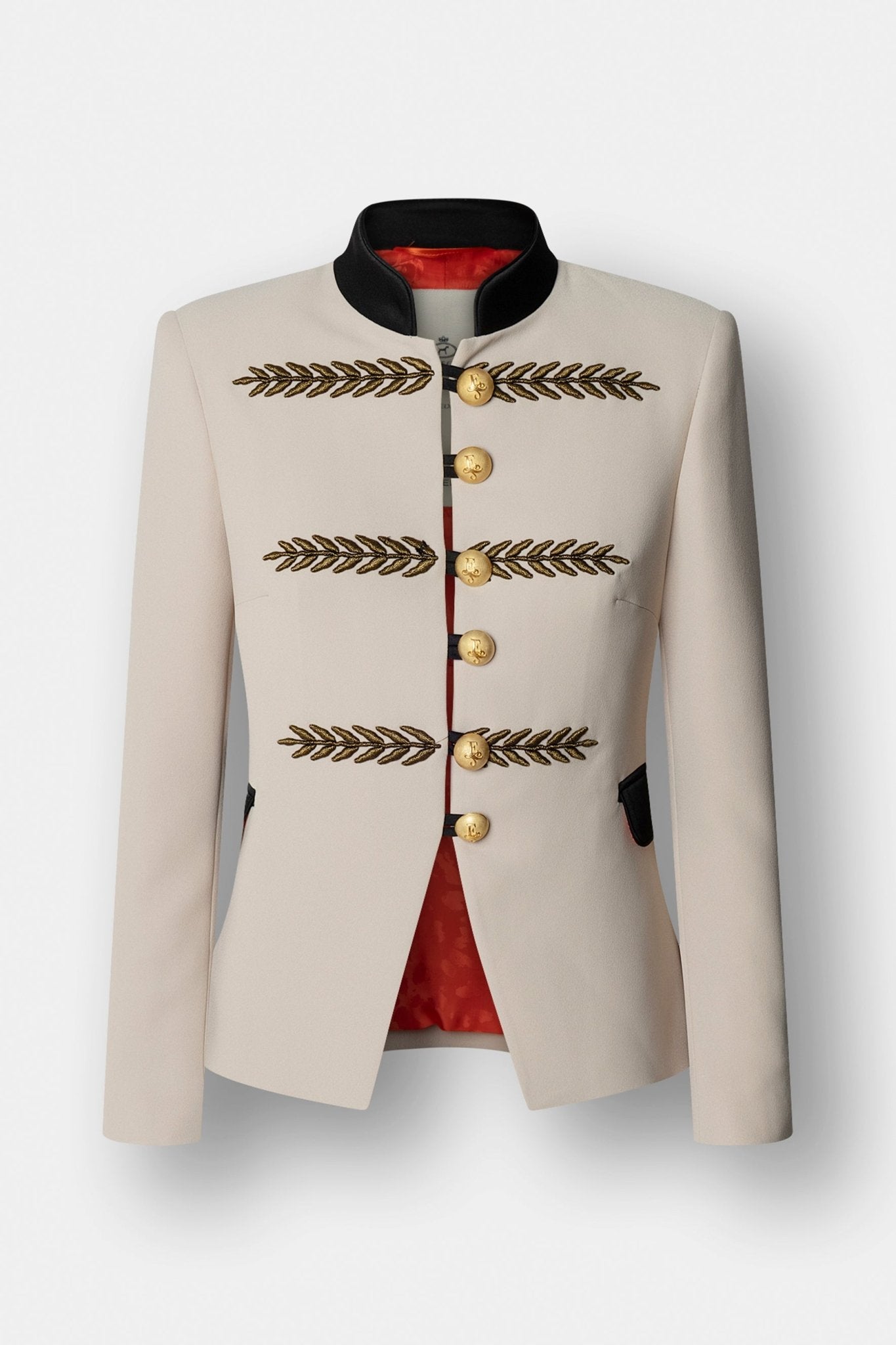 Blazer corta bordada beige Renata Gold de The Extreme Collection en color beige con bordados en hilo dorado.