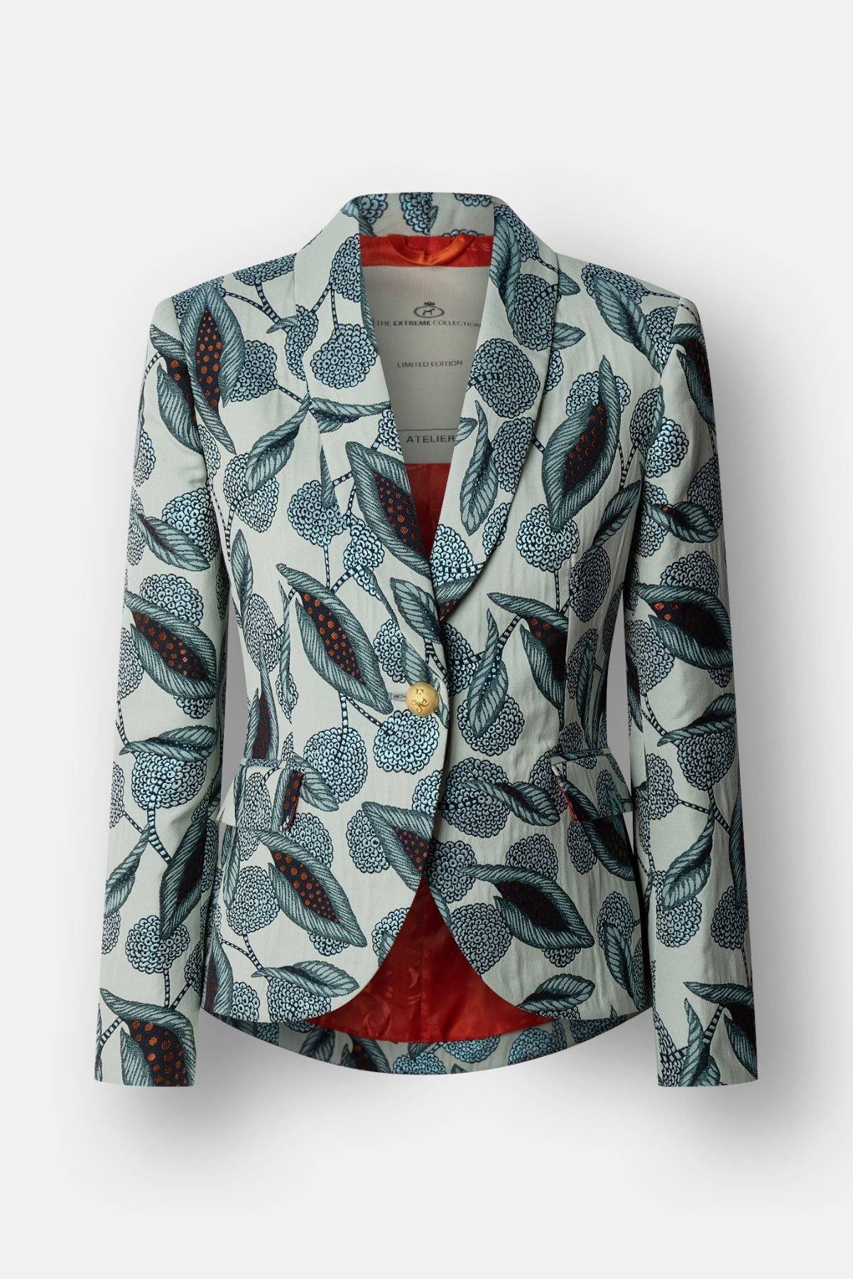 Blazer estampado azul modelo Gilberta con diseño floral de The Extreme Collection.