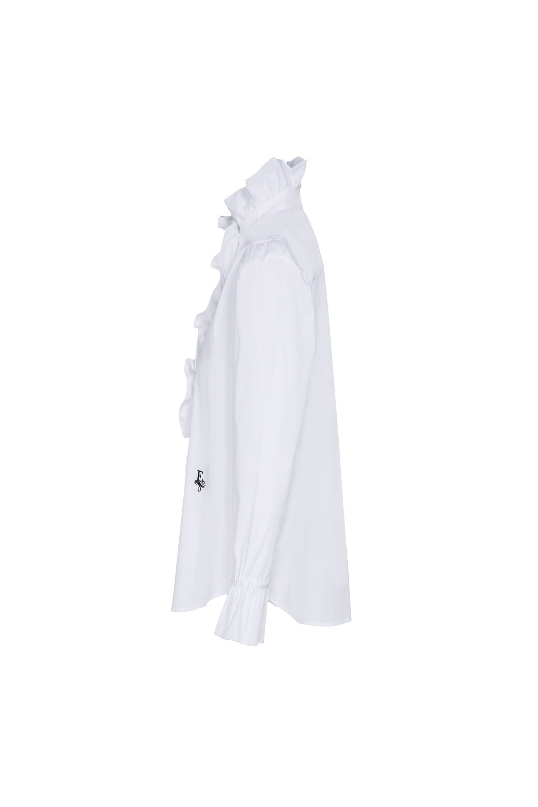 Camisa blanca con volante Boheme de The Extreme Collection en color blanco con elegante volante frontal, cuello alto y puños acampanados.